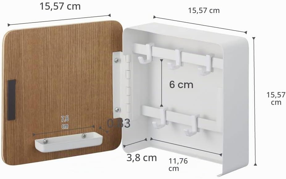 Detalle 2 de YAMAZAKI Home kwadratowa szafka na klucze, stal i drewno, magnetyczne drzwiczki