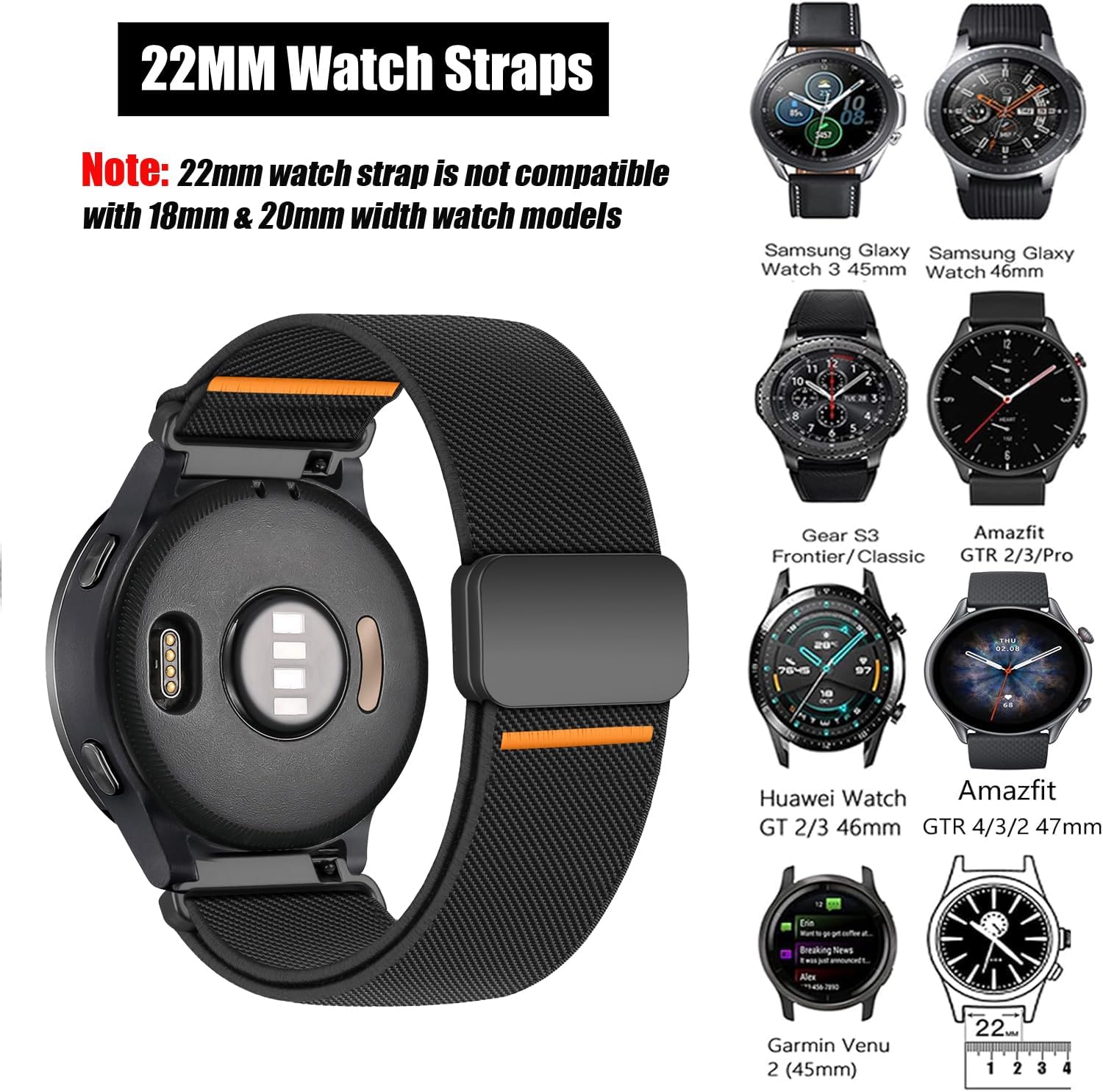 Detalle 2 de 22mm Elastic Magnetic Straps for Samsung Galaxy Watch 3 45mm, Gear S3, Garmin Venu 3 & more (nylon sport band)