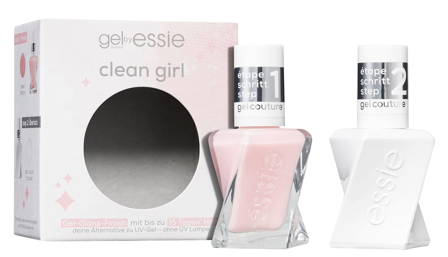 Detalle de Essie Gel Couture Set Clean Girl: Nr. 00 Top Coat und Nr. 10 Sheer Fantasy – Gel-Maniküre für Zuhause