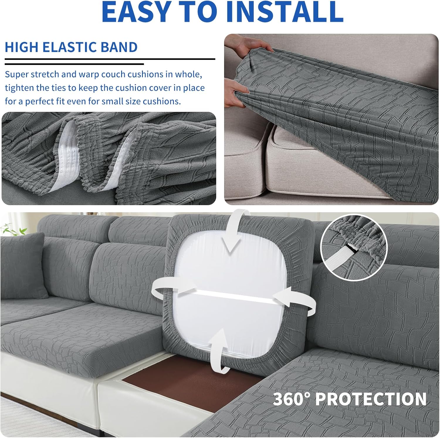 Thumbnail 5 de Ystyle Housse d’assise de canapé extensible universelle (1 place*3 + chaise longue), gris clair