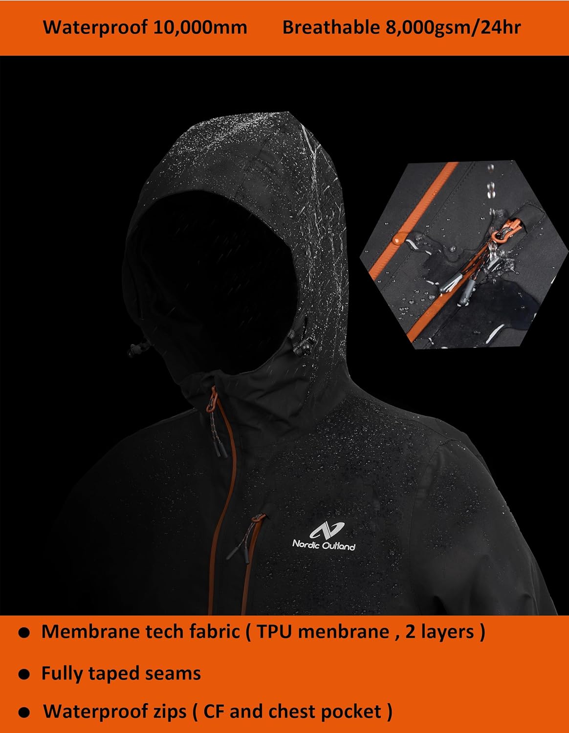 Detalle 2 de NORDIC OUTLAND Men’s Waterproof Rain Jacket – 2-layer TPU membrane hooded long raincoat