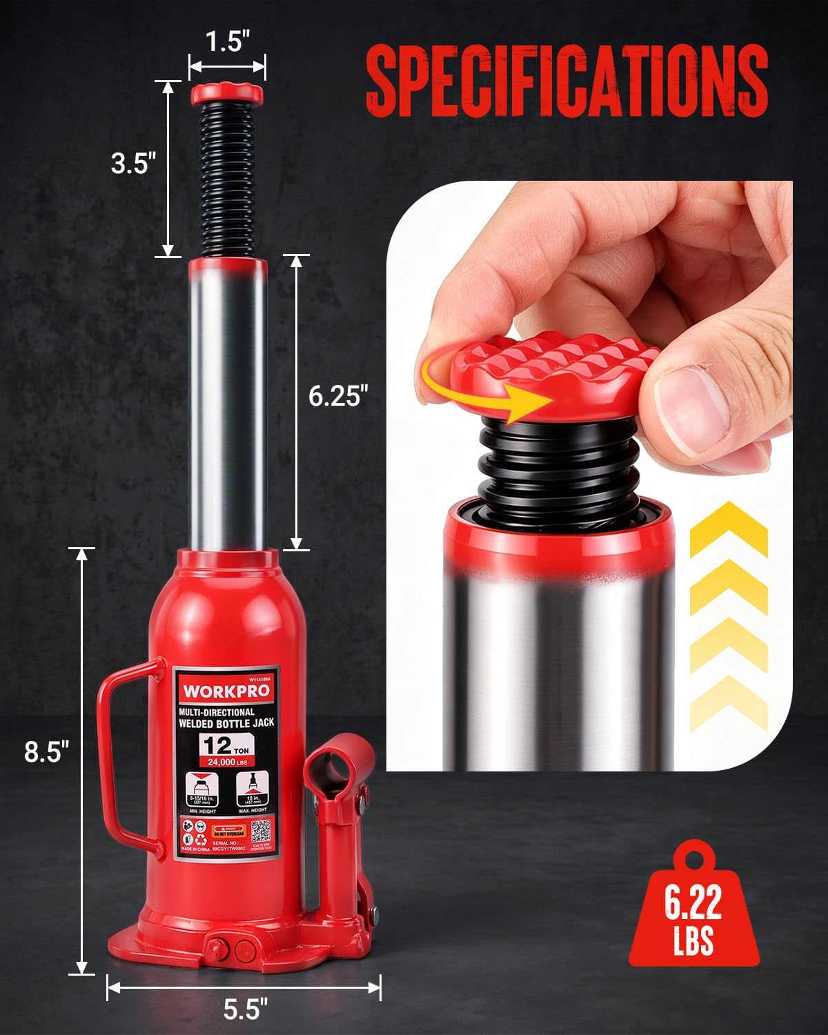 Detalle de WORKPRO W114189AE 12-Ton Multi-Directional Welded Steel Bottle Jack