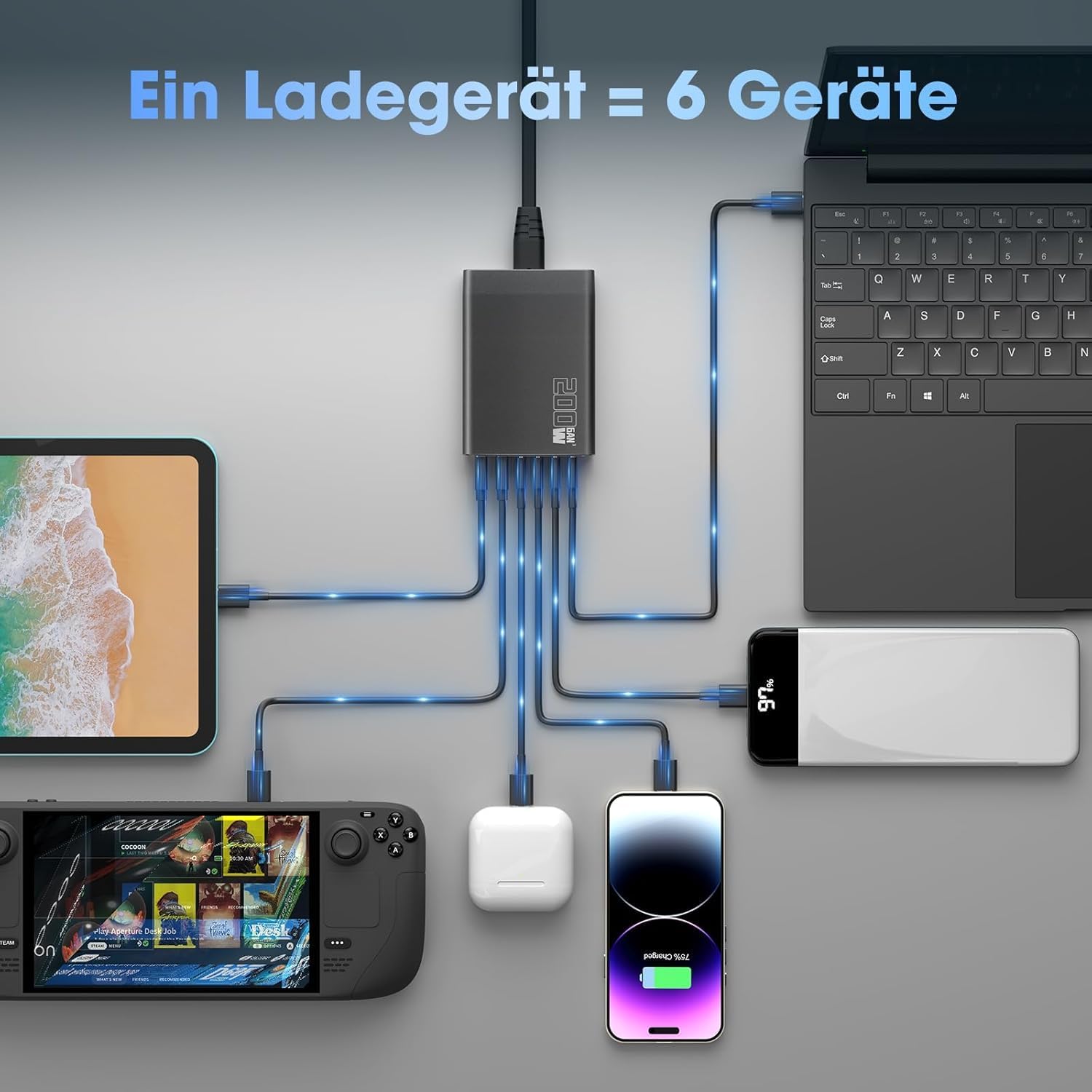 Detalle de Cargador USB C 200W Estación 6 puertos 100W