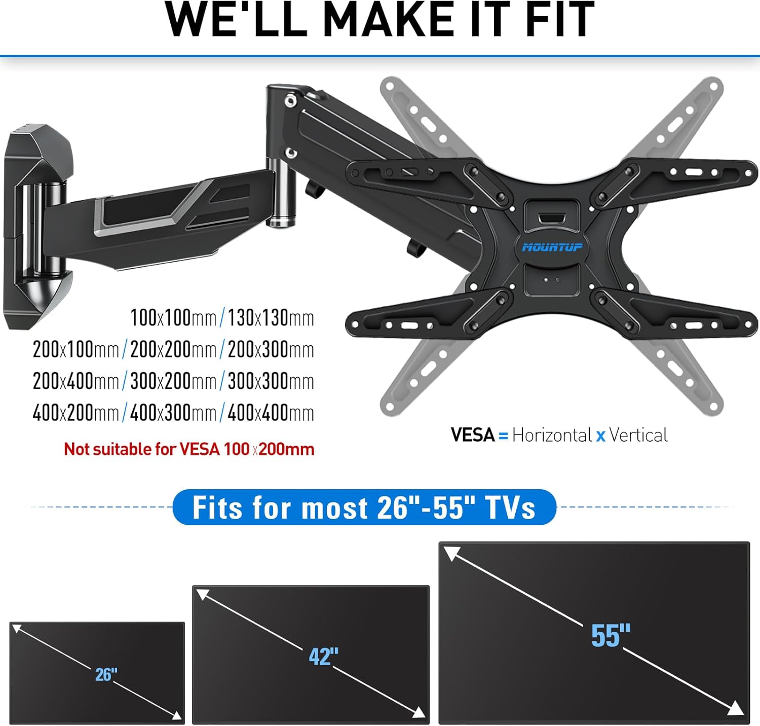 Detalle 2 de MOUNTUP Height Adjustable TV Wall Mount for 26-55 Inch TVs (400x400 VESA) with Full Motion