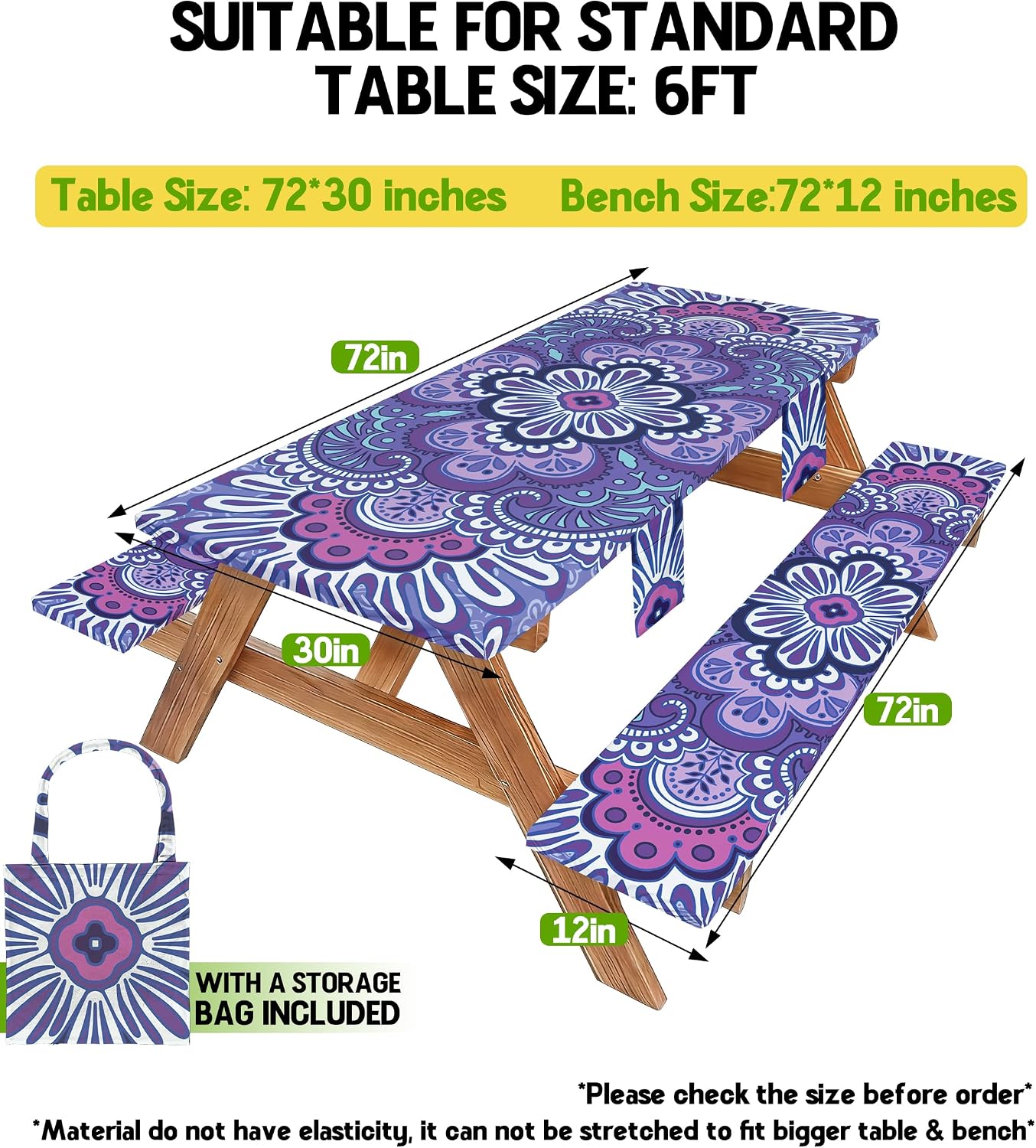 Detalle 2 de Wrakus ZB2-5-230-S Picnic Table Cover Set, Purple Mandala, Waterproof Polyester