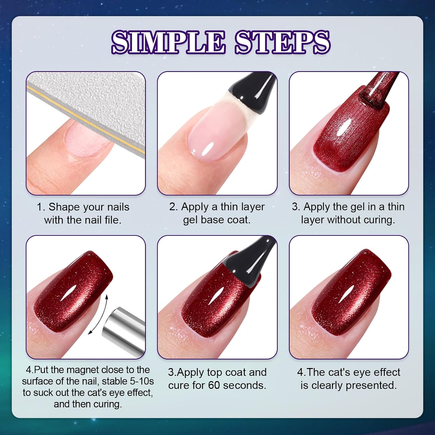 Detalle 1 de YSUVIN UV-Cat-Eye Nagellack (9D) mit Magnetstift – 4 Farben Rot/Lila/Grün/Blau, 8 ml