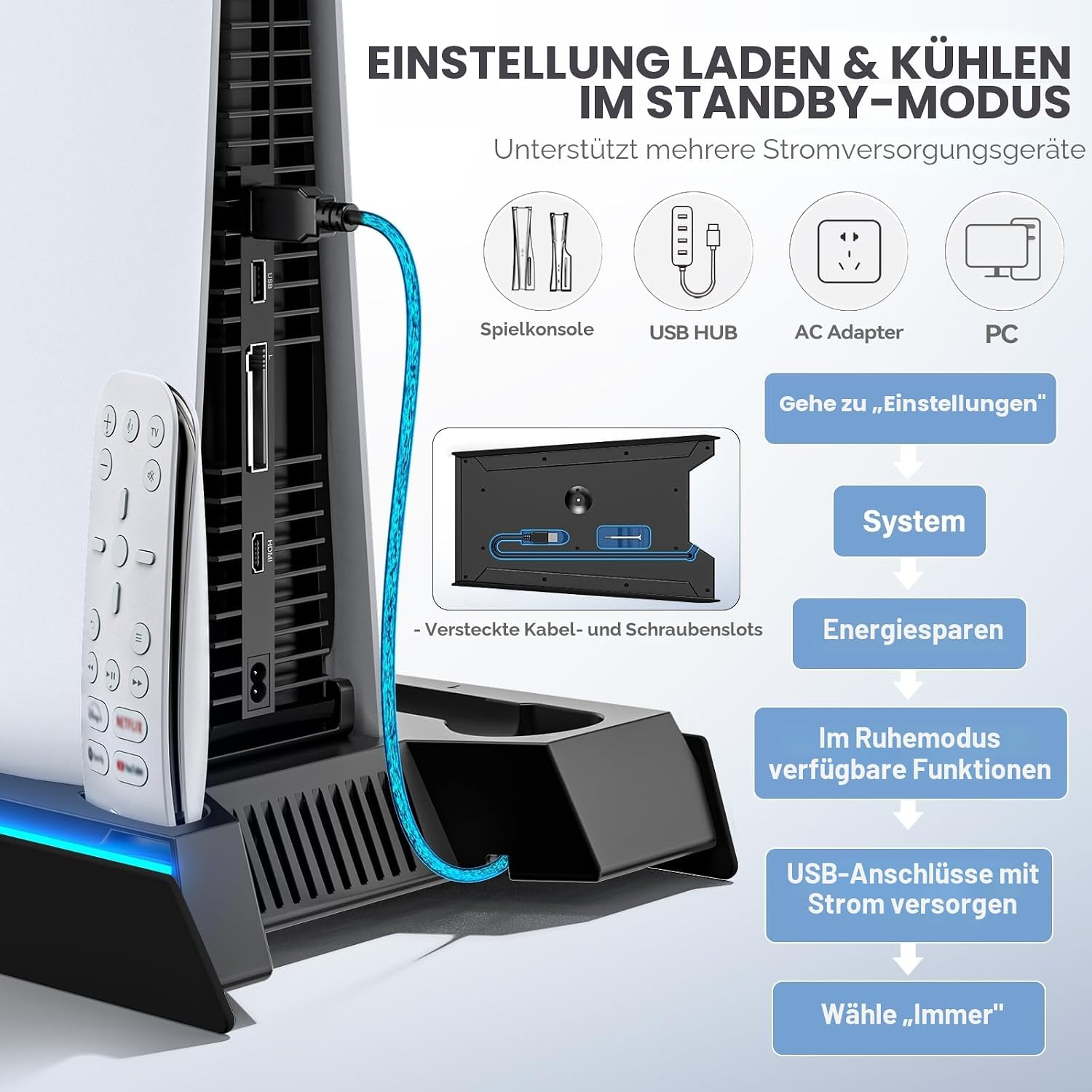 Thumbnail 5 de Rysker PS5/PS5 Slim/PS5 Pro Ständer für Disc & Digital – 3-stufige Kühlstation mit RGB-LED und Controller-Ladegerät (Schwarz)