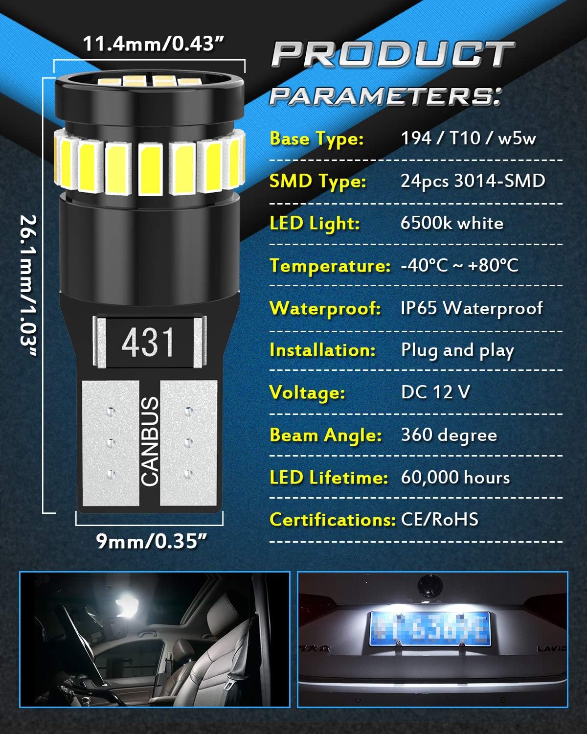 Thumbnail 3 de KATUR 194 LED Light Bulb 6000K White 168 2825 W5W T10 Wedge (4pcs) – Canbus error free replacements