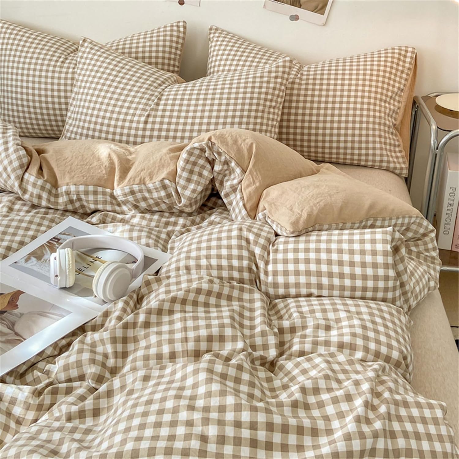 Thumbnail 1 de Covebett Housse de Couette 220x240 – Carreaux Vichy Beige et Marron, Microfibre, 2 Taies 65x65