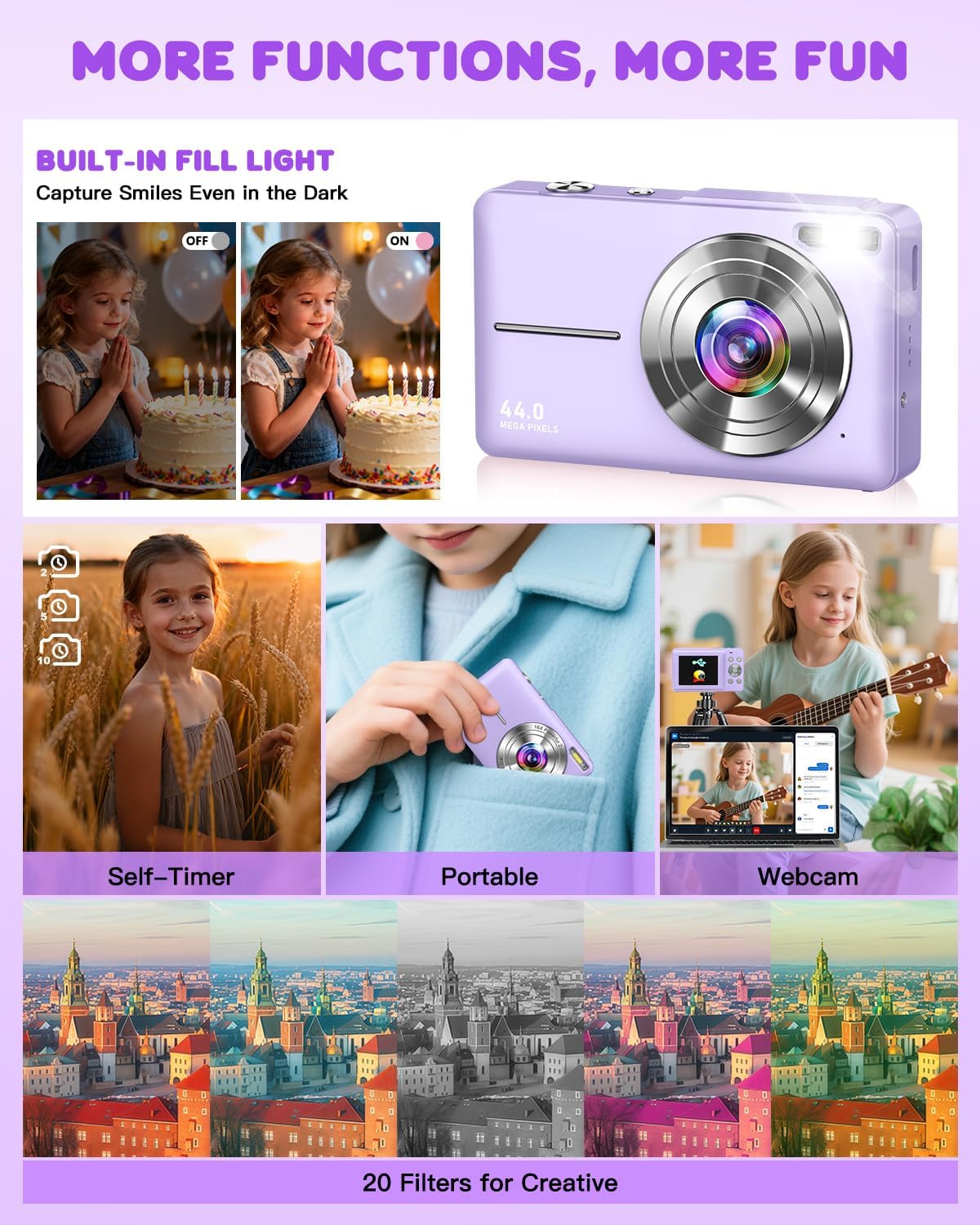 Detalle de Digitalkamera 1080P 44MP Fotoapparat von Zostuic – kompakte Vlogging-Kamera für Kinder, Teenager und Anfänger
