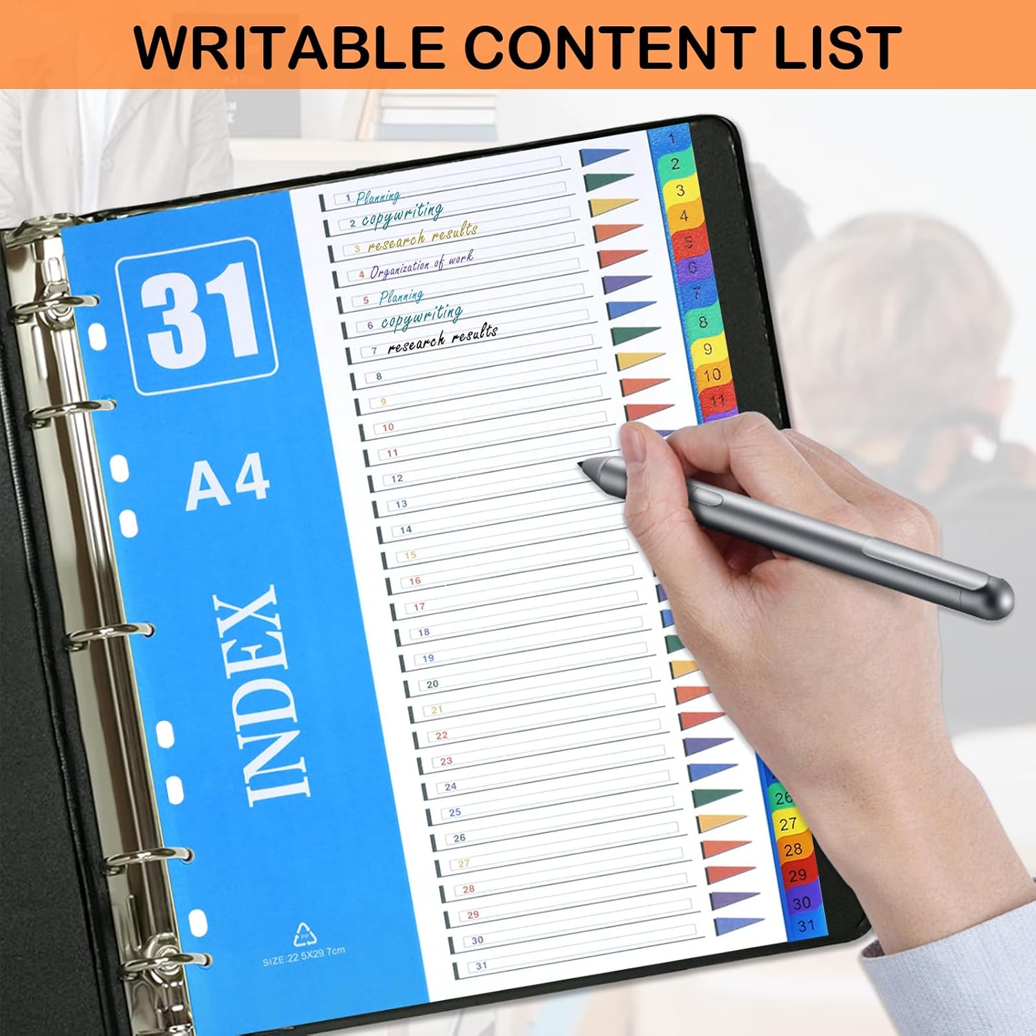 Detalle de A4 Part Dividers (1–31) 5-Pack by XHDA – Multi-colour plastic ring binder dividers with writable index