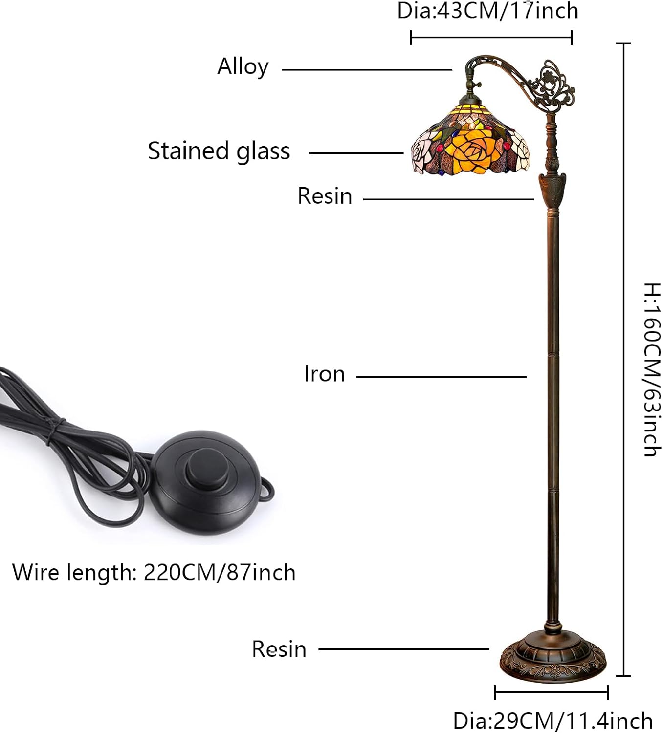 Thumbnail 5 de Blivuself Tiffany style rose floor lamp with stained glass effect, adjustable angle