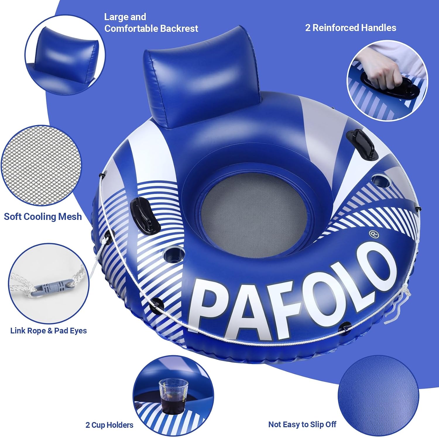 Thumbnail 6 de PAFOLO 53” Heavy-Duty Pool Floats for Adults with Headrest, Mesh Seat, Grab Rope, Cup Holders and Dual-Seal—Ideal River, Lake, Pool