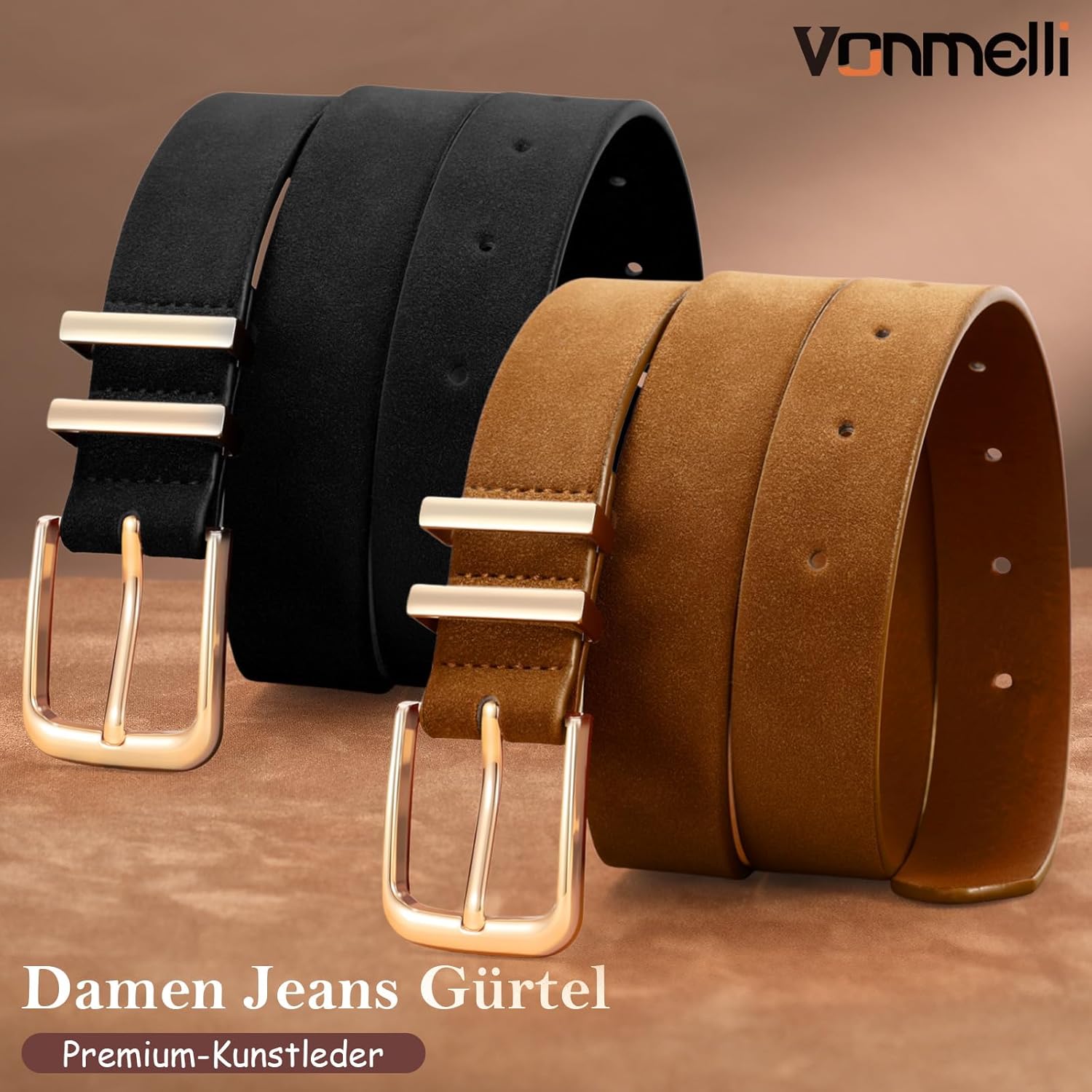 Thumbnail 2 de VONMELLI Damen Gürtel 2er-Set 2,5 cm – schmaler Ledergürtel mit Goldschnalle in Schwarz/Braun