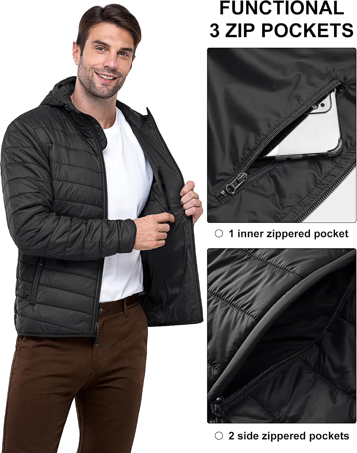 Detalle 1 de 33,000ft Men's Lightweight Packable Insulated Puffer Jacket with Hood