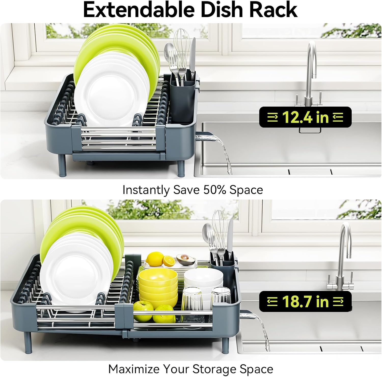 Thumbnail 1 de Urackify Extendable Stainless Steel Dish Rack with Swivel Spout, Dark Slate Gray