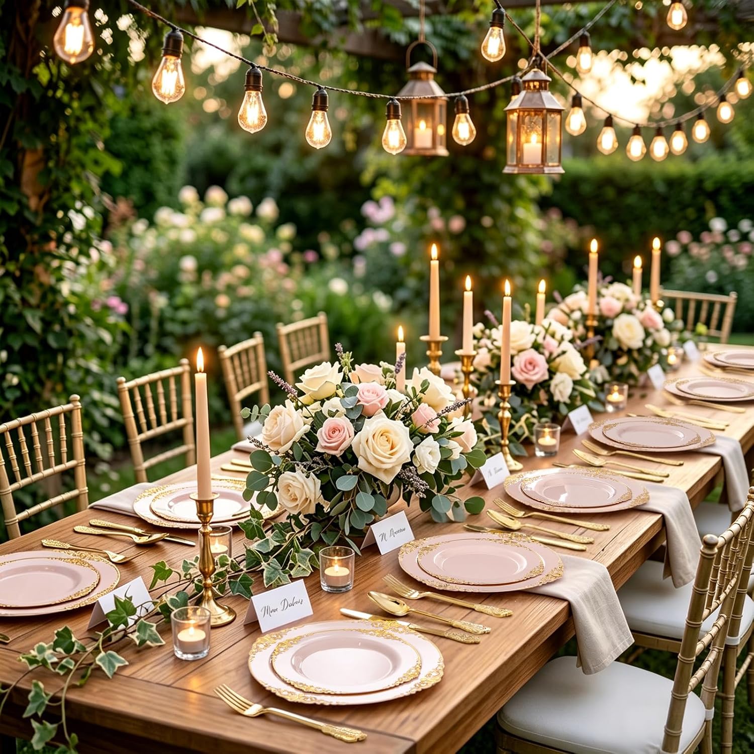 Thumbnail 6 de Joyido 125PCS Pink and Gold Plastic Plates with Silverware Set for 25 Guests