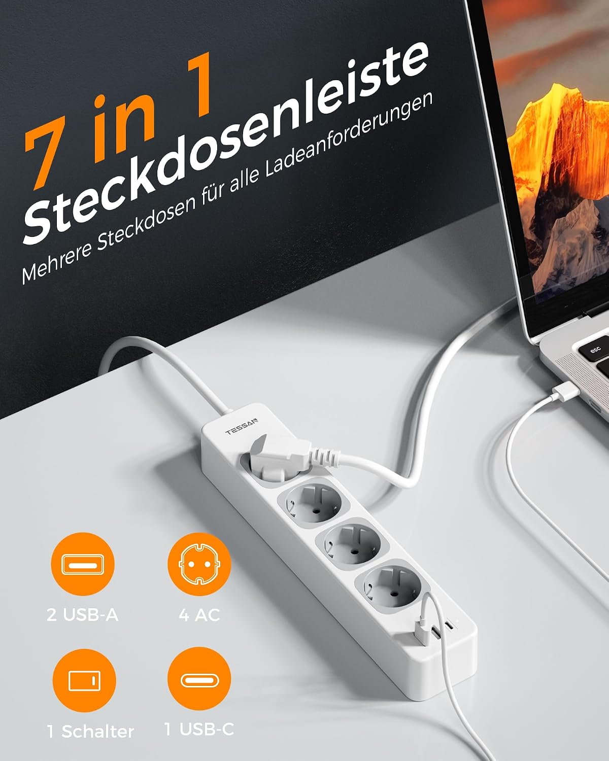 Detalle 2 de TESSAN 4âfach Steckdosenleiste mit 5 m Kabel und USB đ