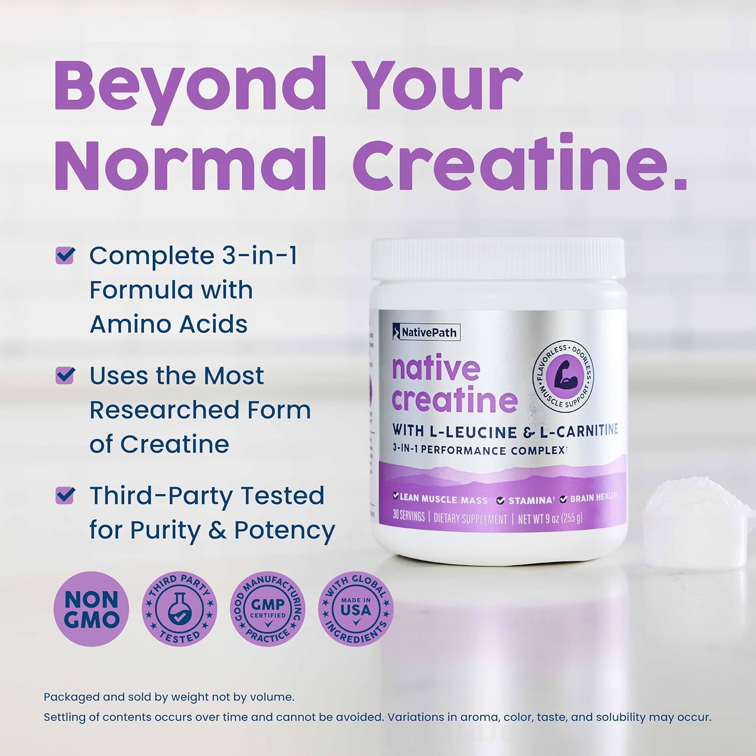 Detalle 2 de NativePath Creatine Monohydrate Powder, 30 Servings with L-Leucine and L-Carnitine