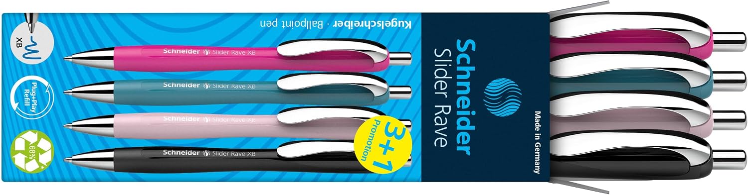 Detalle de Schneider Slider Rave XB Kugelschreiber-Set, 4 Stück – Schwarz + 3 Farben