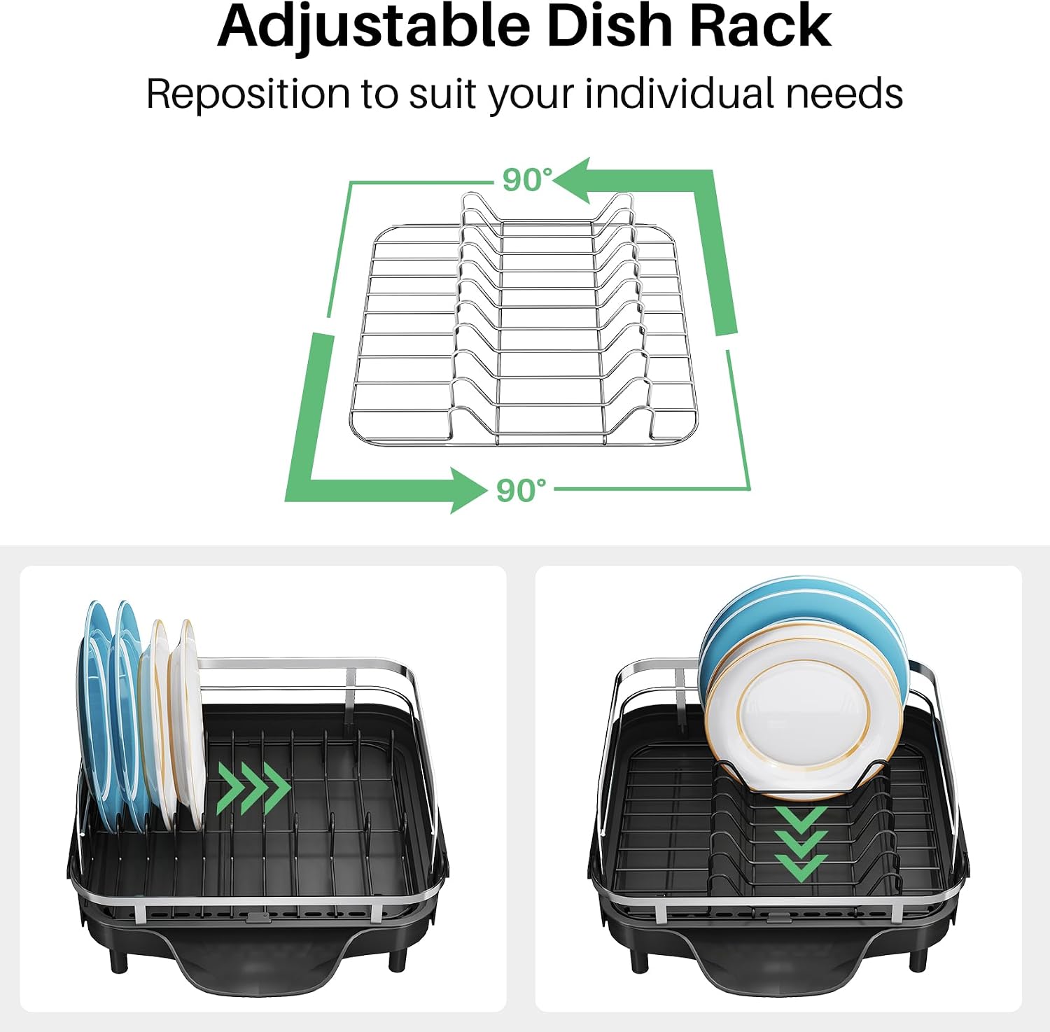 Detalle de SNTD Expandable Dish Drying Rack, Black, 15.2–22.1 in, Stainless Steel Rails