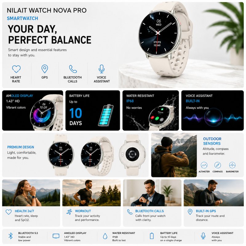Detalle 2 de Nilait Watch Nova Pro: smartwatch AMOLED 1.43” con GPS, IA y llamadas Bluetooth (Blanco)