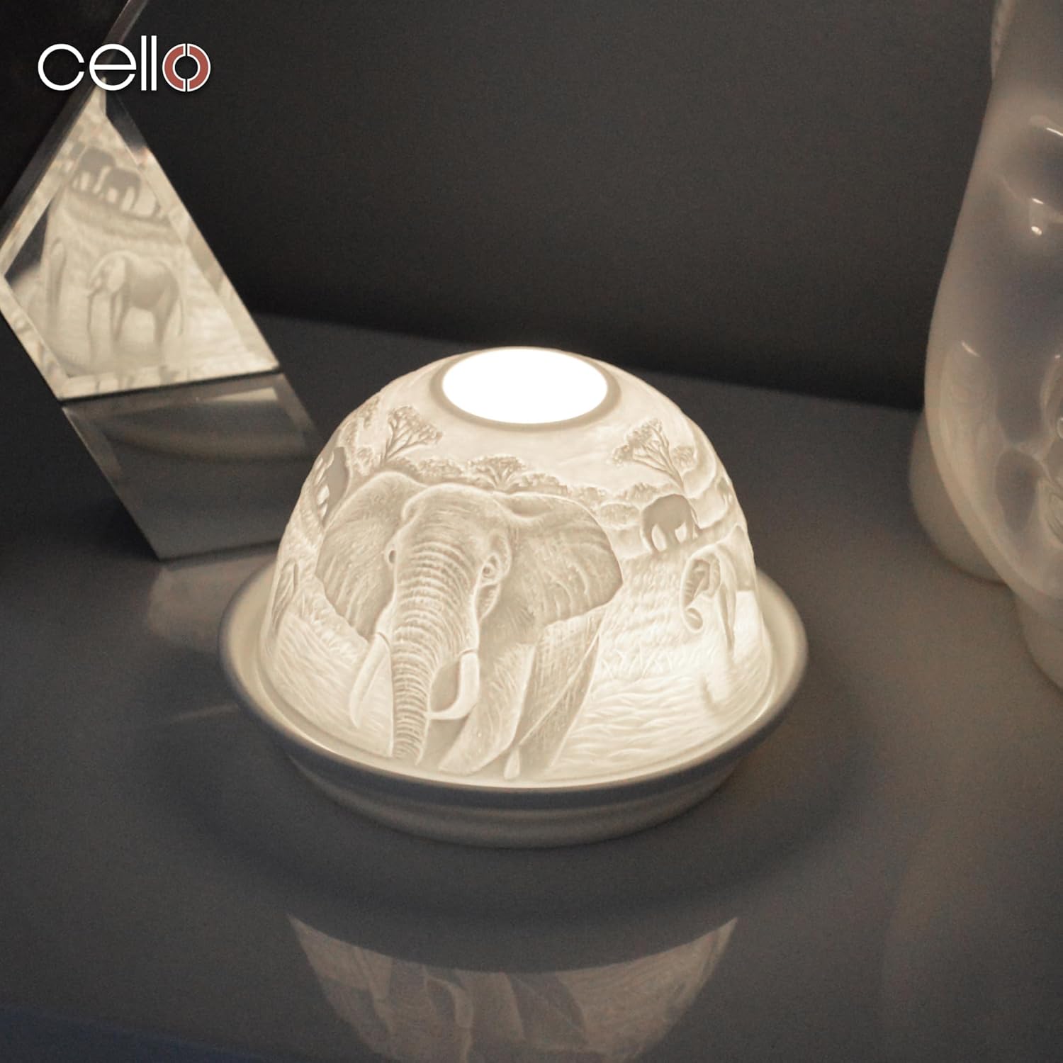 Thumbnail 5 de Porzellan-Teelichthalter „Cello“ mit Elefanten-Design (3D-Bild projizierend) – für Teelichter oder LEDs