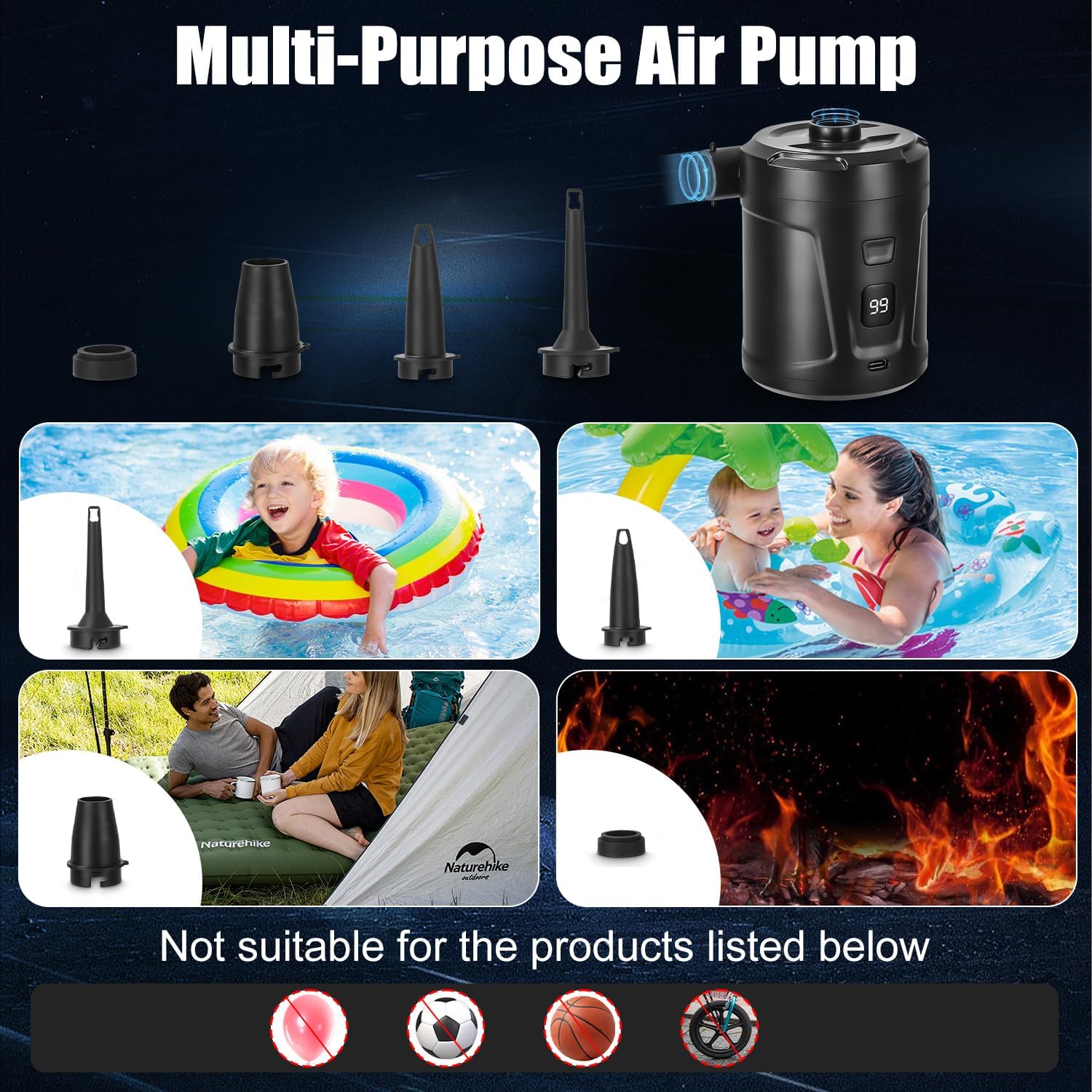 Thumbnail 6 de Azyvum Pompe à air électrique draadloze luchtpomp, 5200 mAh en 3 mondstukken