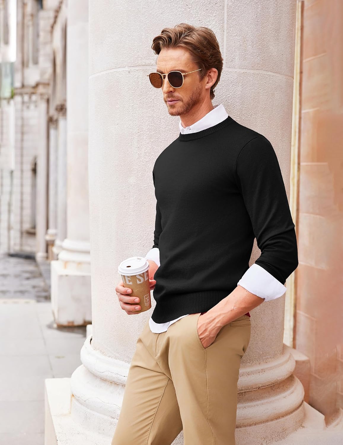 Detalle 2 de COOFANDY Men's Crew Neck Sweater, Slim-Fit Lightweight Knit Pullover