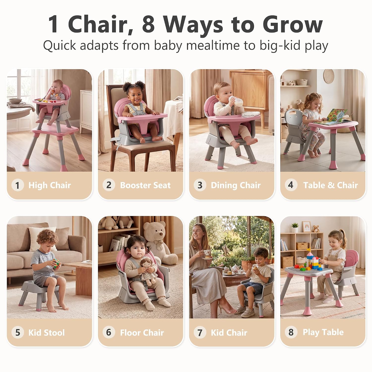 Thumbnail 1 de Kinder King 8-in-1 Baby High Chair with Adjustable Tray and Convertible Booster