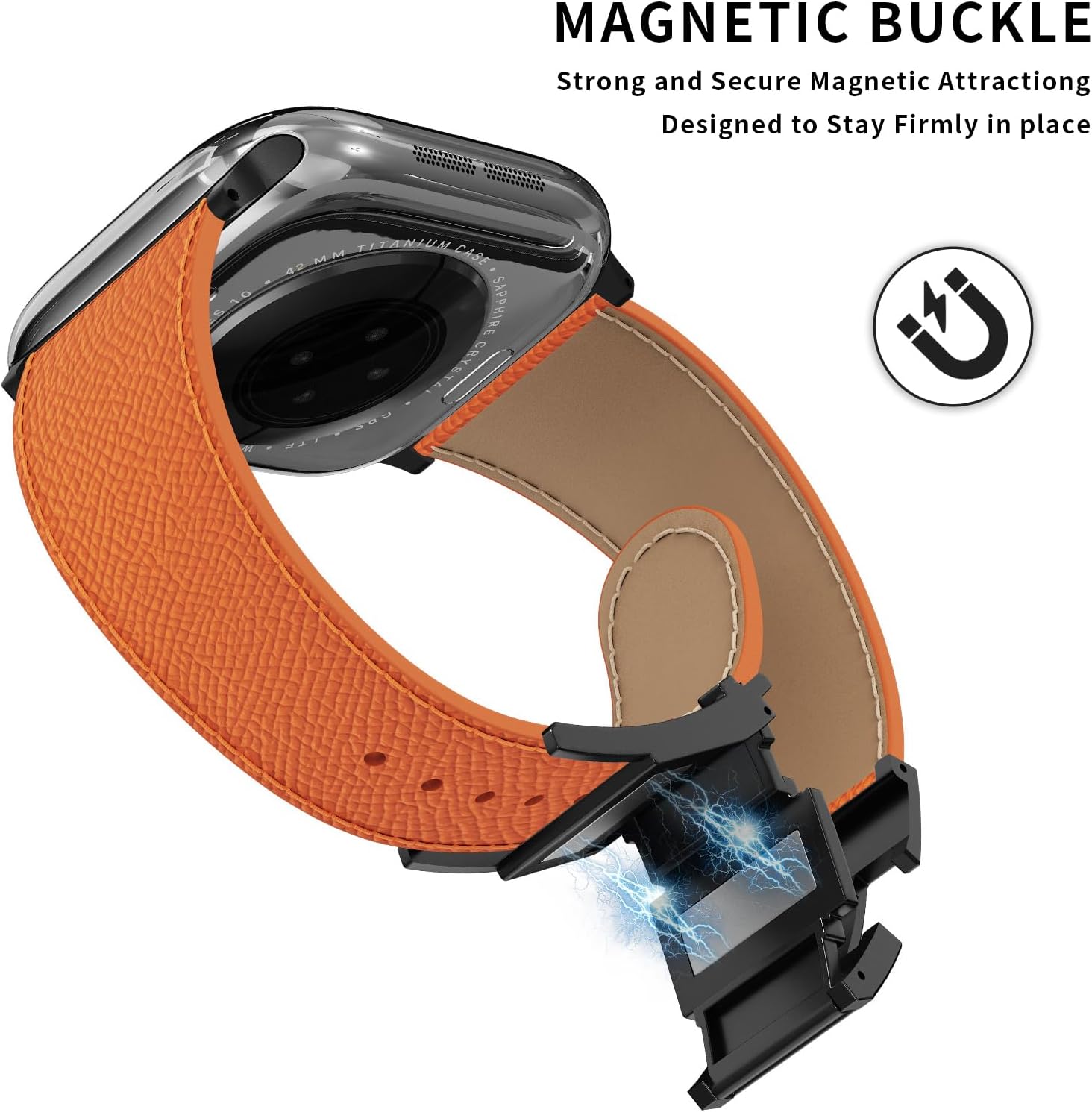 Detalle de Leather Watch Band with Magnetic Buckle for Apple Watch Ultra – Dressy, Rugged Leather Replacement Strap