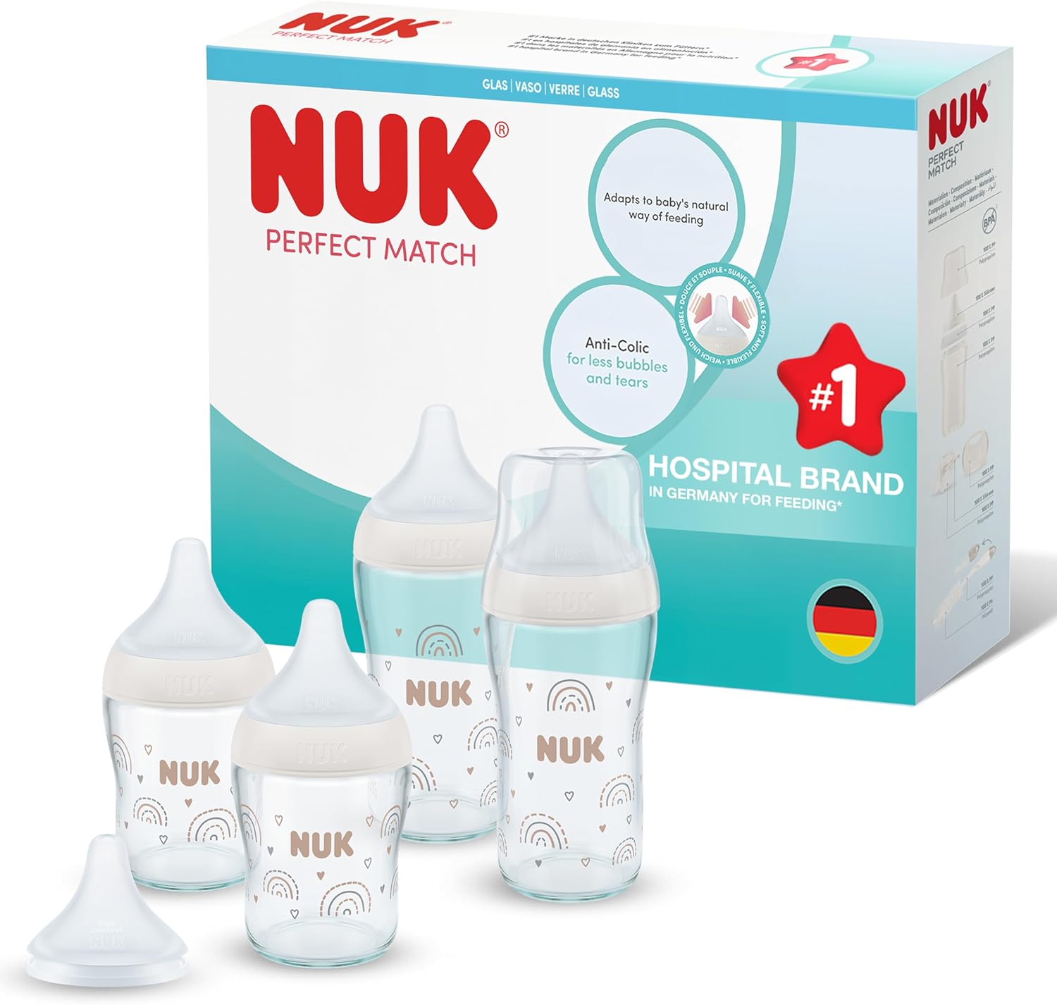 Detalle de NUK Perfect Match Biberon 0-3+ mesi, vetro, confezione da 4 (120 ml & 230 ml) – anti-coliche con indicatore di temperatura