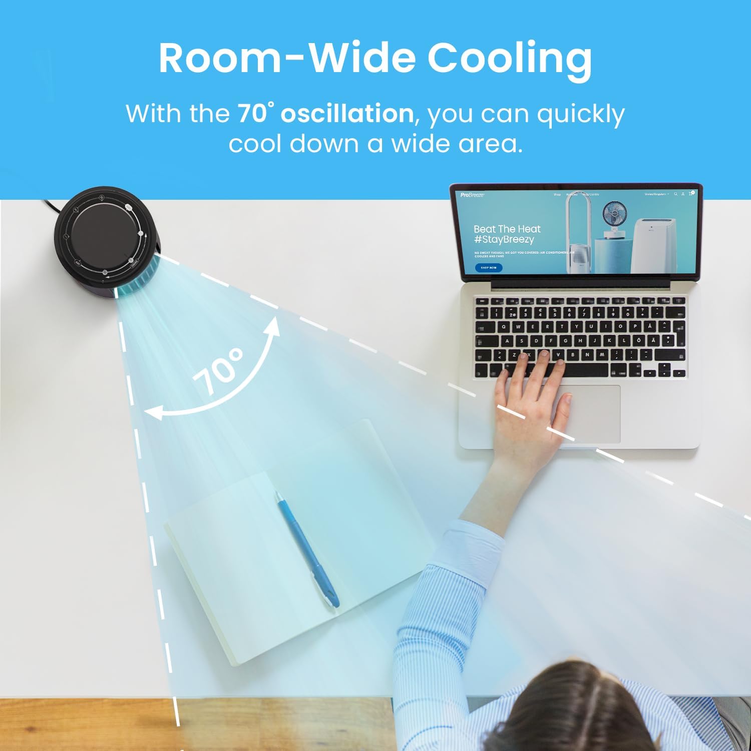 Thumbnail 2 de Pro Breeze 13-inch desktop mini tower fan – small, quiet & portable desk fan (3 speeds, 70° auto-oscillation)