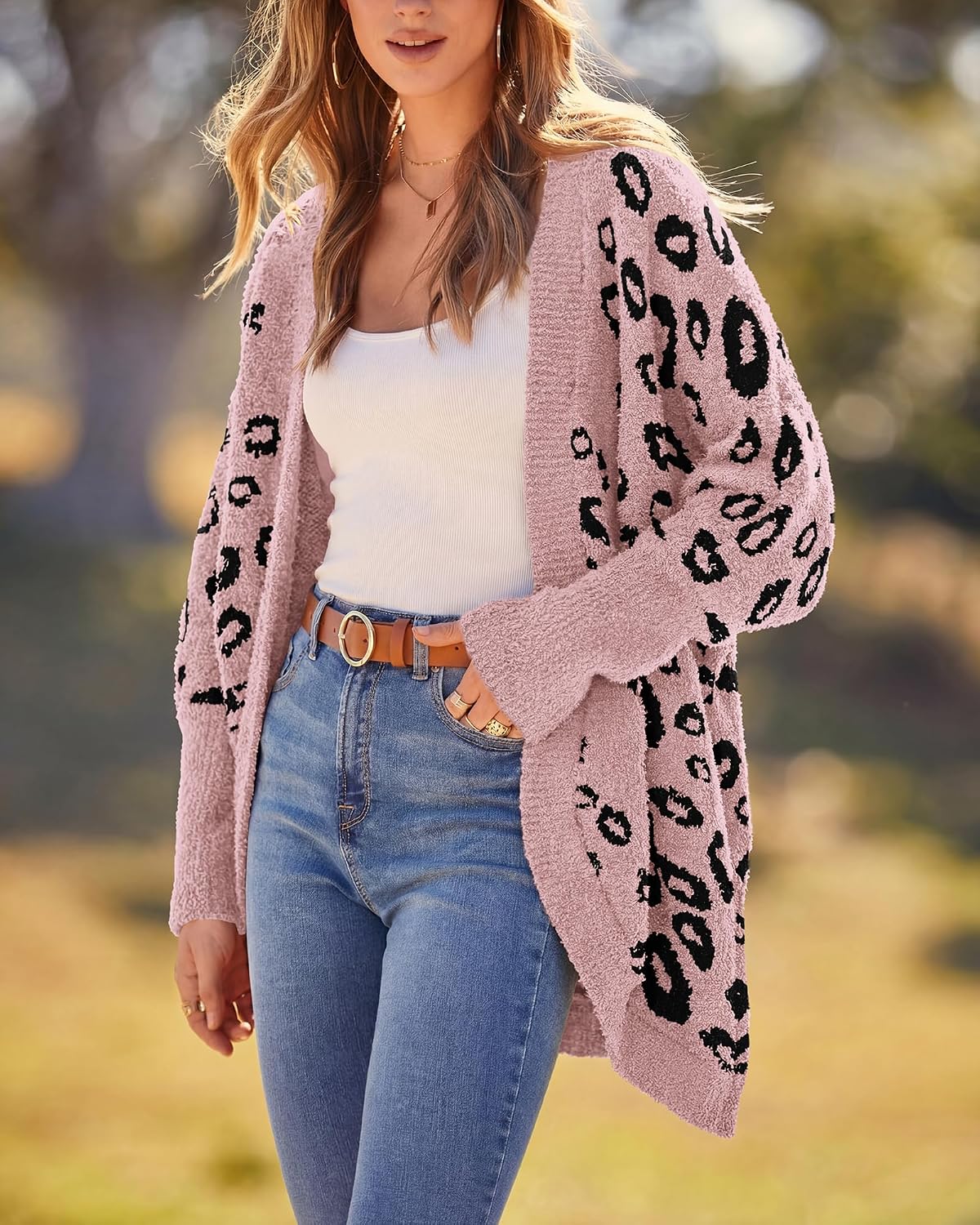 Detalle de BTFBM BT368 Leopard-Print Women's Cardigan, Batwing Sleeves, Loose Knit