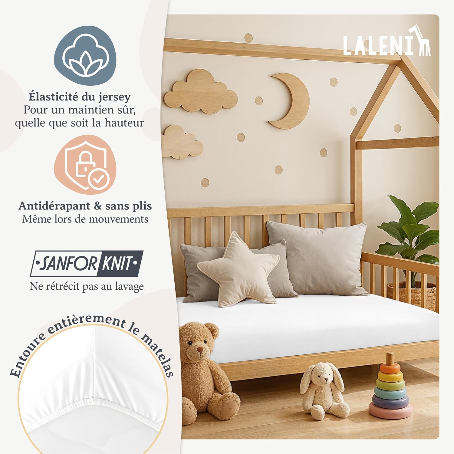 Detalle de Laleni lot de 2 draps-housses bébé en jersey 100x100 cm (Oeko-Tex, coton) – blanc