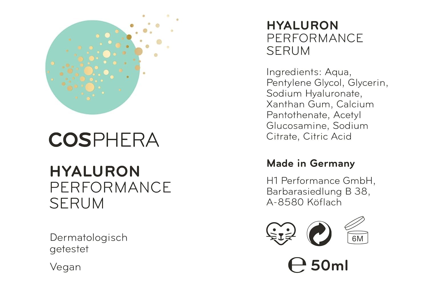Detalle 2 de Cosphera Hyaluron Serum hochdosiert 50 ml (vegan) – für Gesicht, Augen, Hals & Décolleté, auch für Microneedling