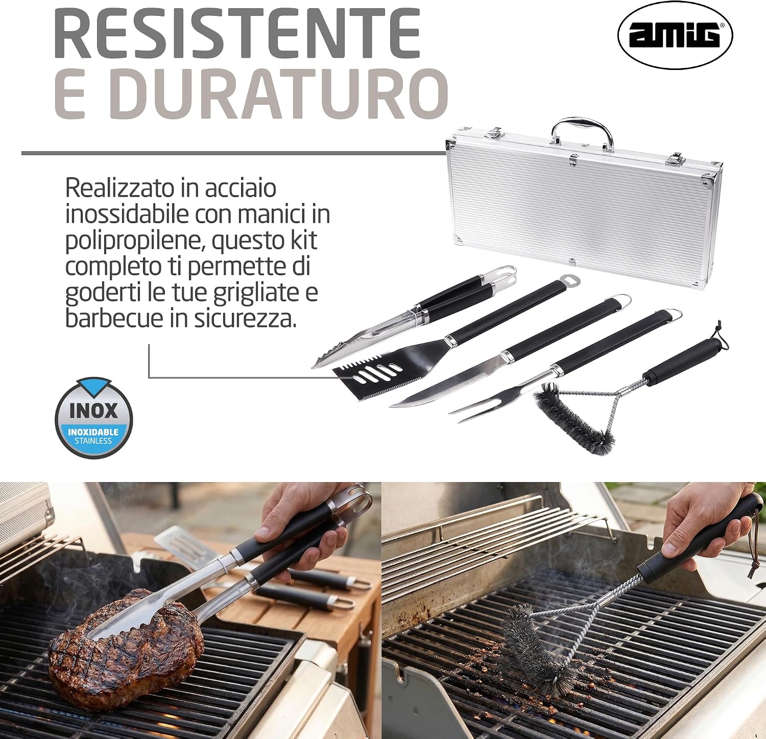 Detalle de Amig Valigetta con 5 Accessori per Barbecue in Acciaio Inossidabile – Mod. AM01