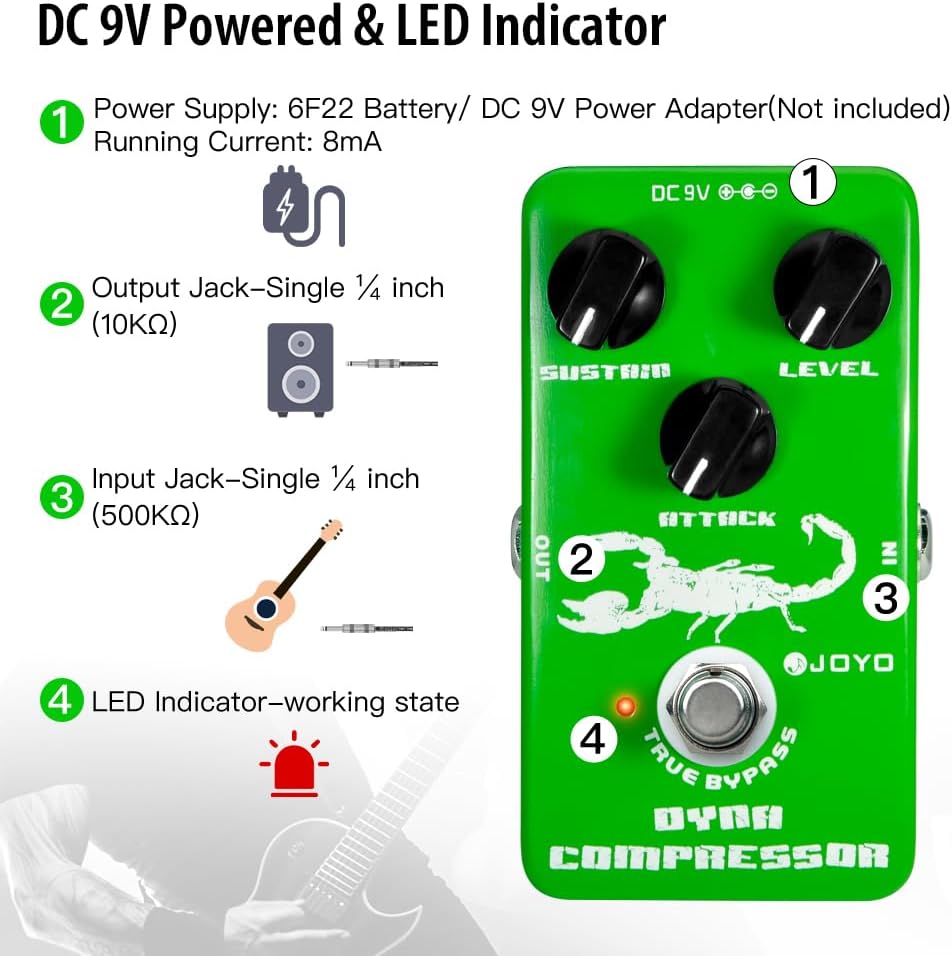 Detalle de JOYO JF-10 Dyna Compressor Guitar Pedal with Sustain, Attack and True Bypass