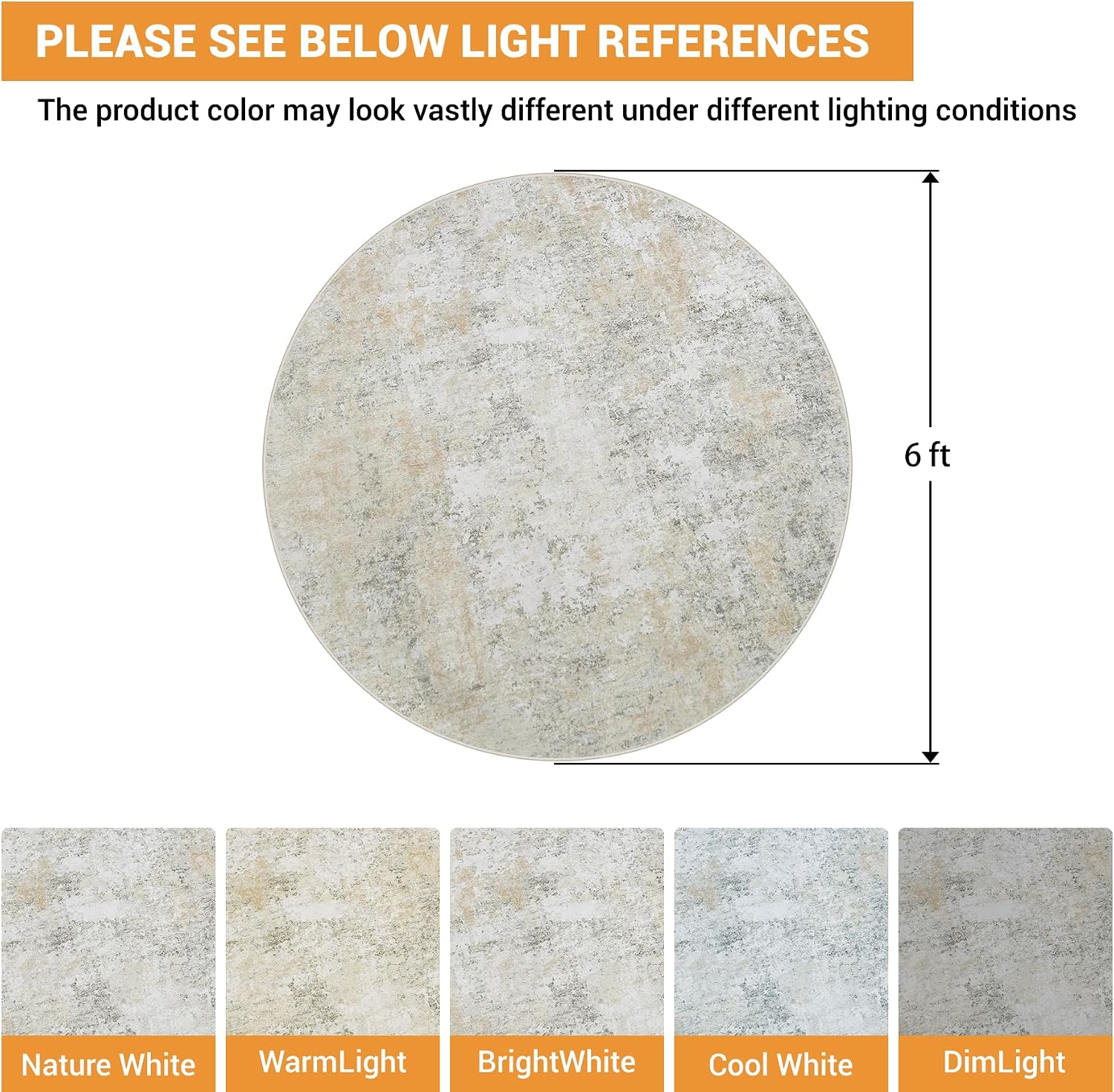 Detalle de Aelenmu 6 ft Round Area Rug, Beige and Gray Abstract, Low-Pile with Rubber Backing