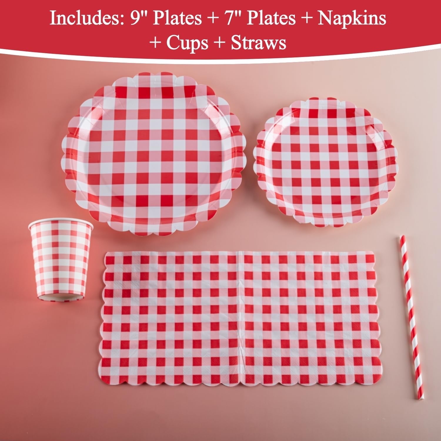 Thumbnail 3 de PHUNAT 25-Guests Party Plates Cups and Napkins Set with Red Gingham Edge