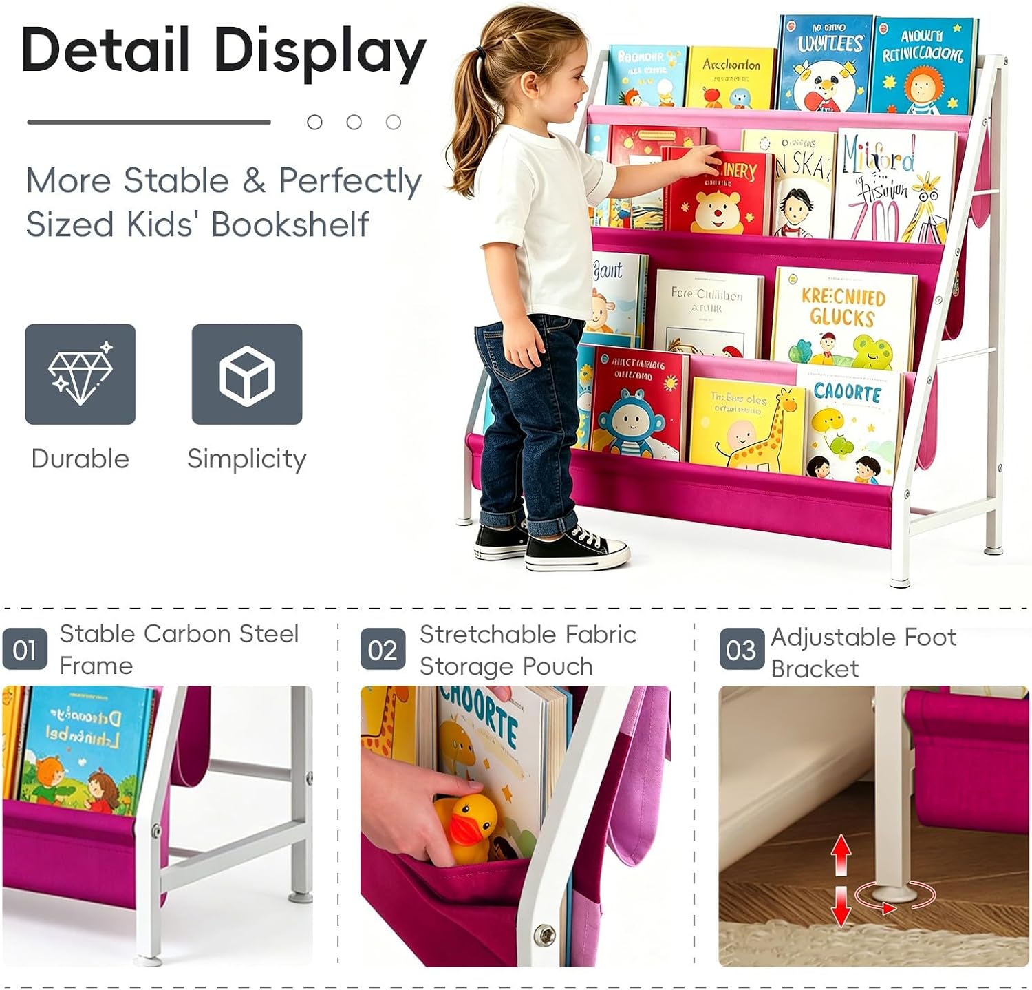 Detalle de Vlony Kids Bookshelf-2026-CA-2, 4-Tier Pink Book Rack