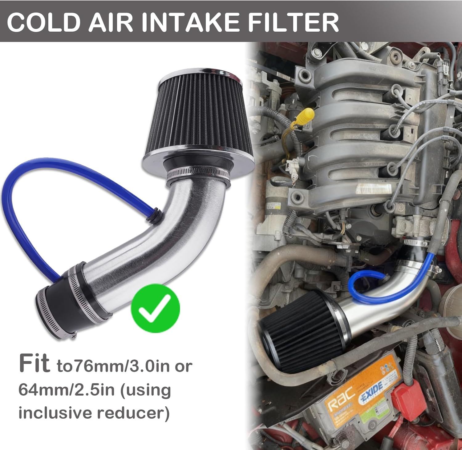 Thumbnail 4 de WateryWave Universal Cold Air Intake Kit 3" 76mm Cone Aluminium – Practical Performance Upgrade