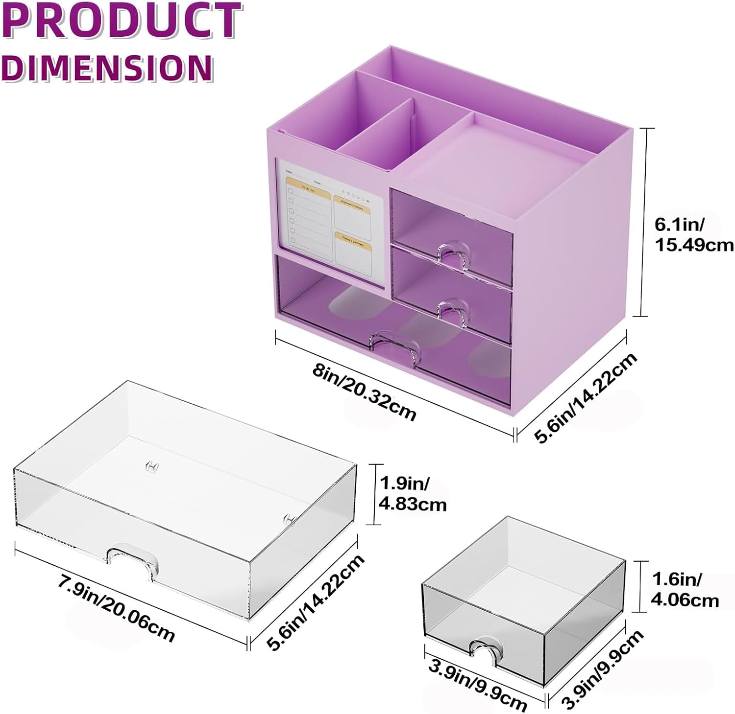 Detalle de Marbrasse Schreibtisch Organizer mit 3 Schubladen – violett, große Kapazität, 20,32 × 14,23 × 15,5 cm