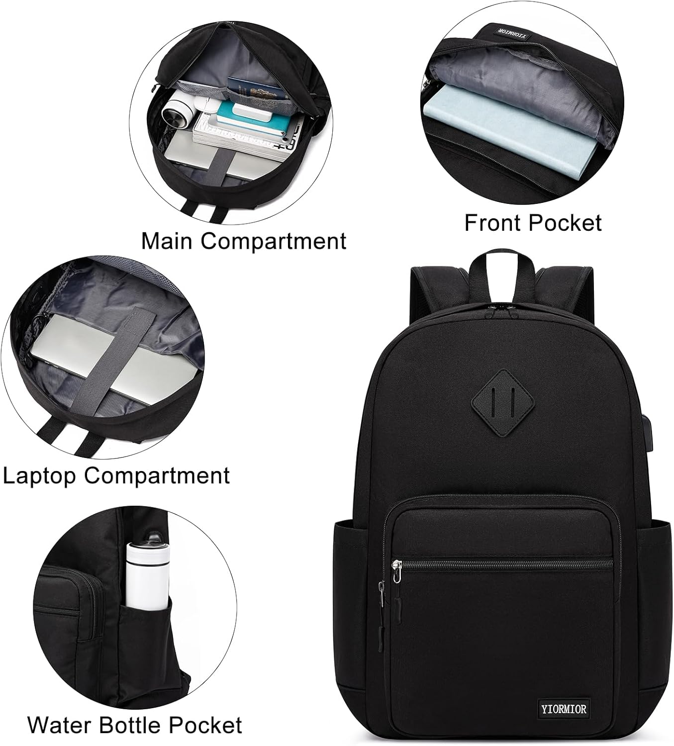 Detalle de YIORMIOR Zaino scuola università con porta PC fino a 15,6” e USB integrata