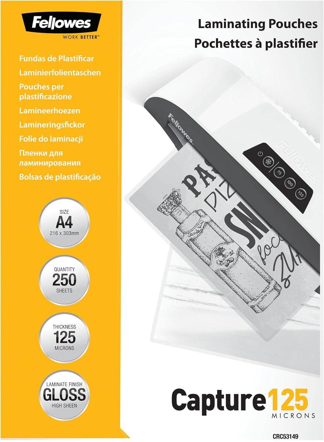 Pochettes de plastification Fellowes A4 125 µm, pack 250 – finition brillante