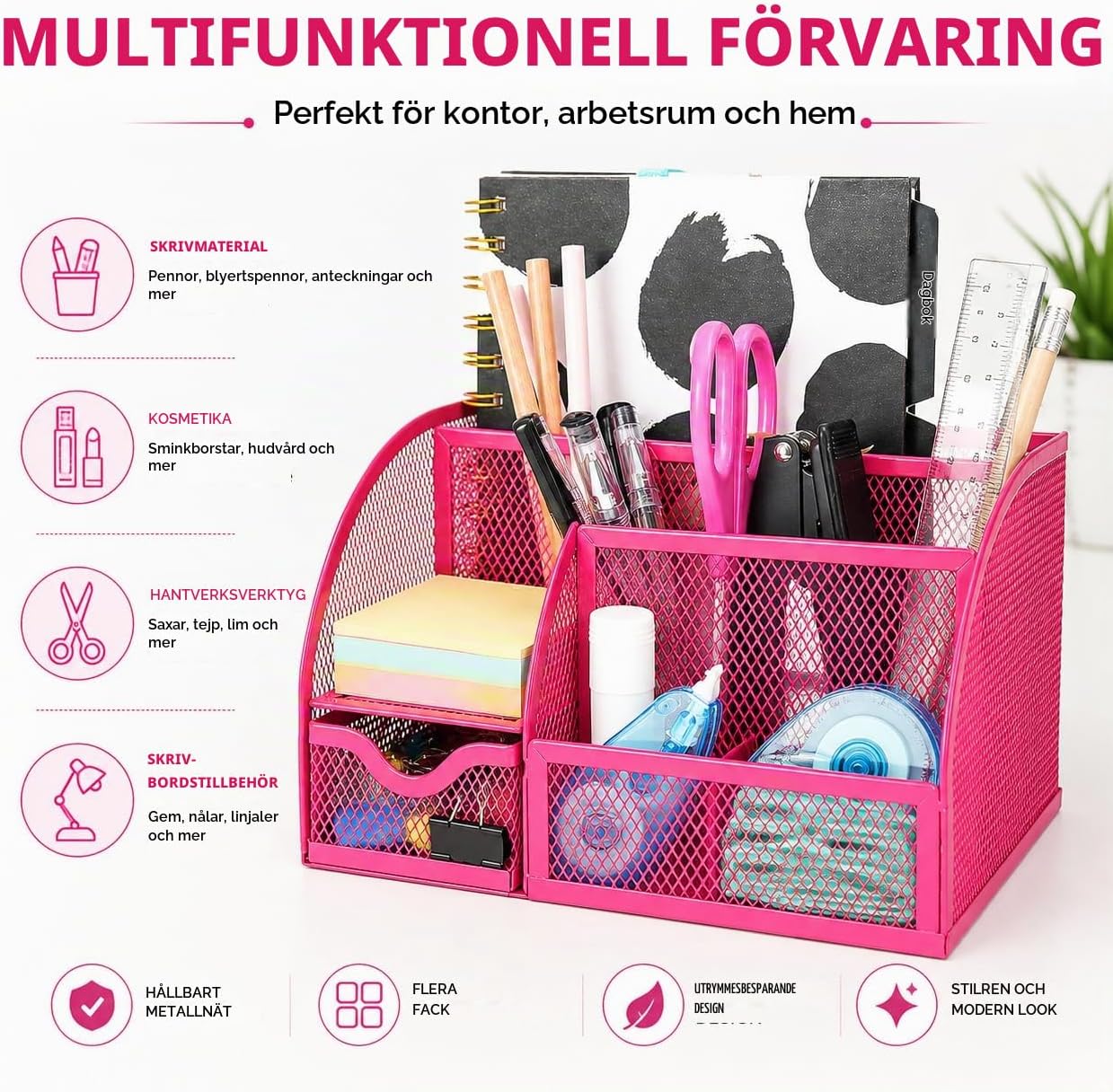 Thumbnail 2 de EXERZ skrivbordsorganisatör i rosa metallnät med utdragbar låda