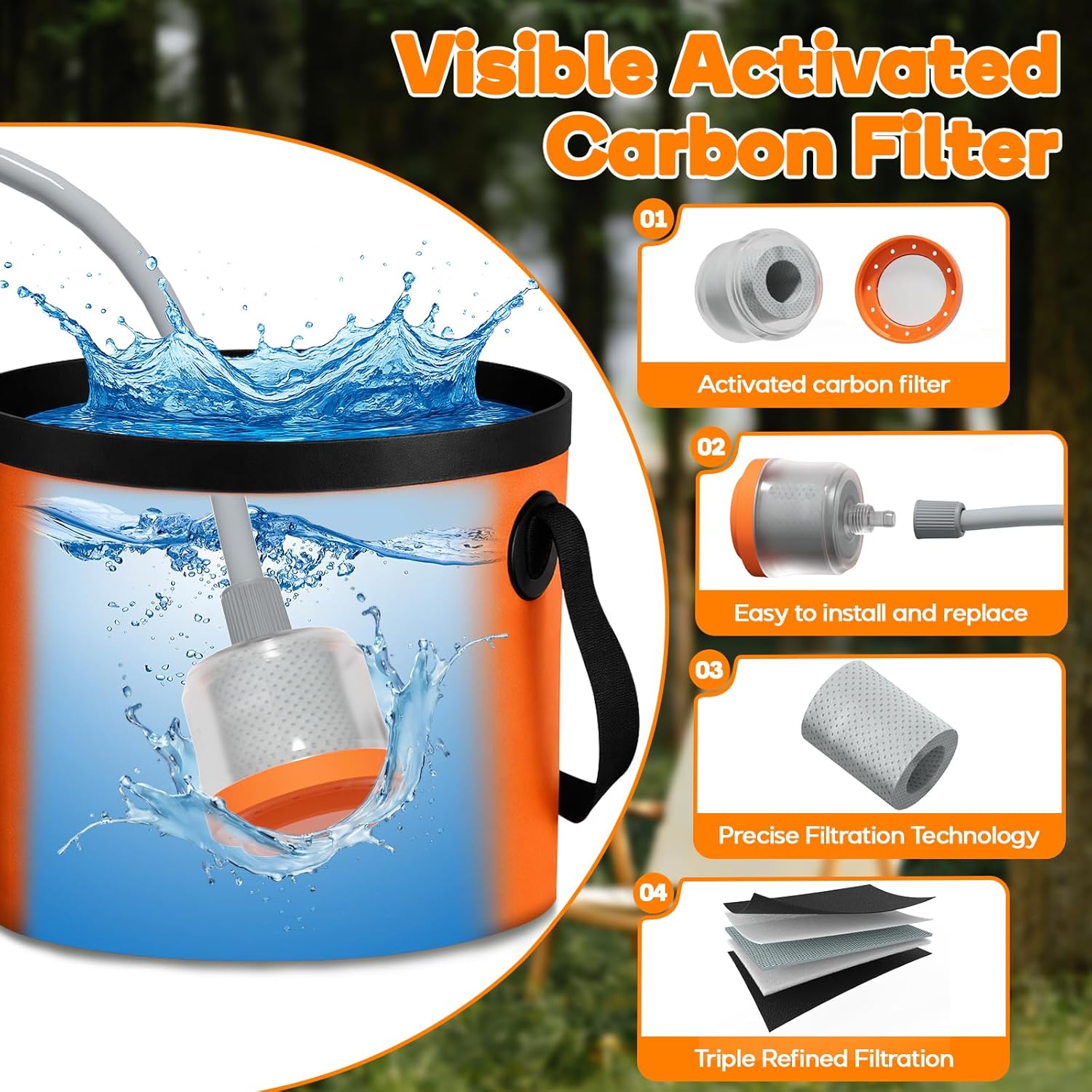 Detalle de Portable Camping Shower with LED Light and 5.3-Gallon Foldable Bucket