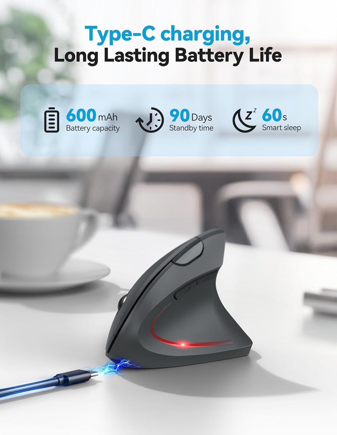 Detalle de TECKNET Ergonomic Mouse: Wireless Right-Handed Vertical Mouse with BT/USB-A, 6-Button, 4800 DPI, Quiet Clicks
