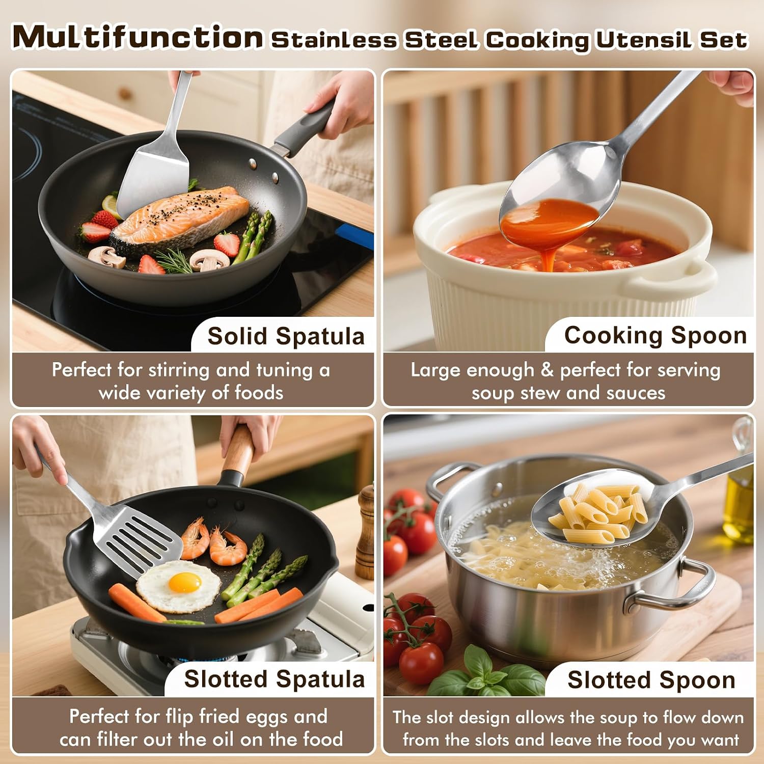 Thumbnail 1 de 4-Piece Stainless Steel Cooking Utensils Set (Solid & Slotted Turner, Wok Spatula, Serving Spoon)