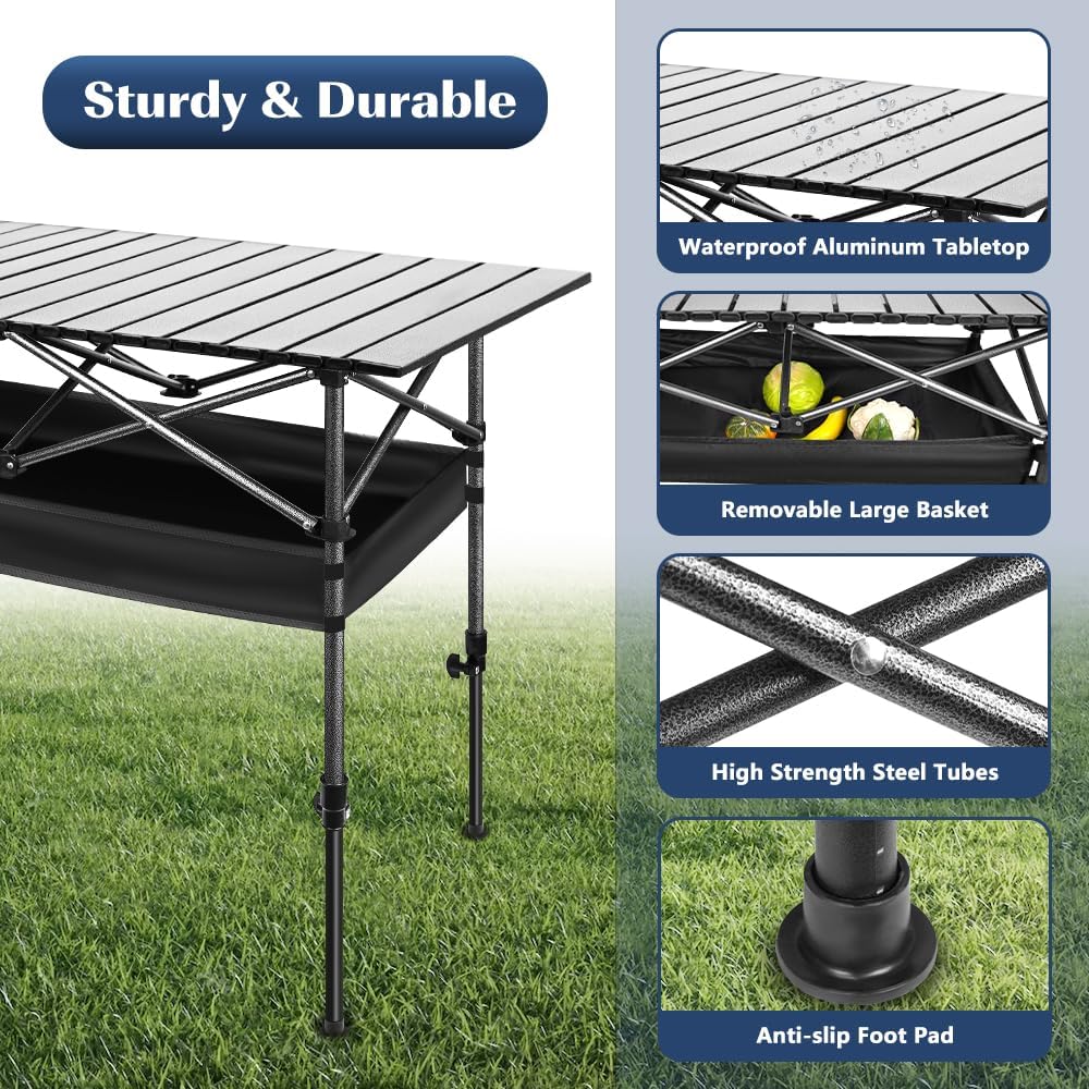 Detalle de YHANEC 044592 Folding Camping Table with Adjustable Height and Aluminum Top